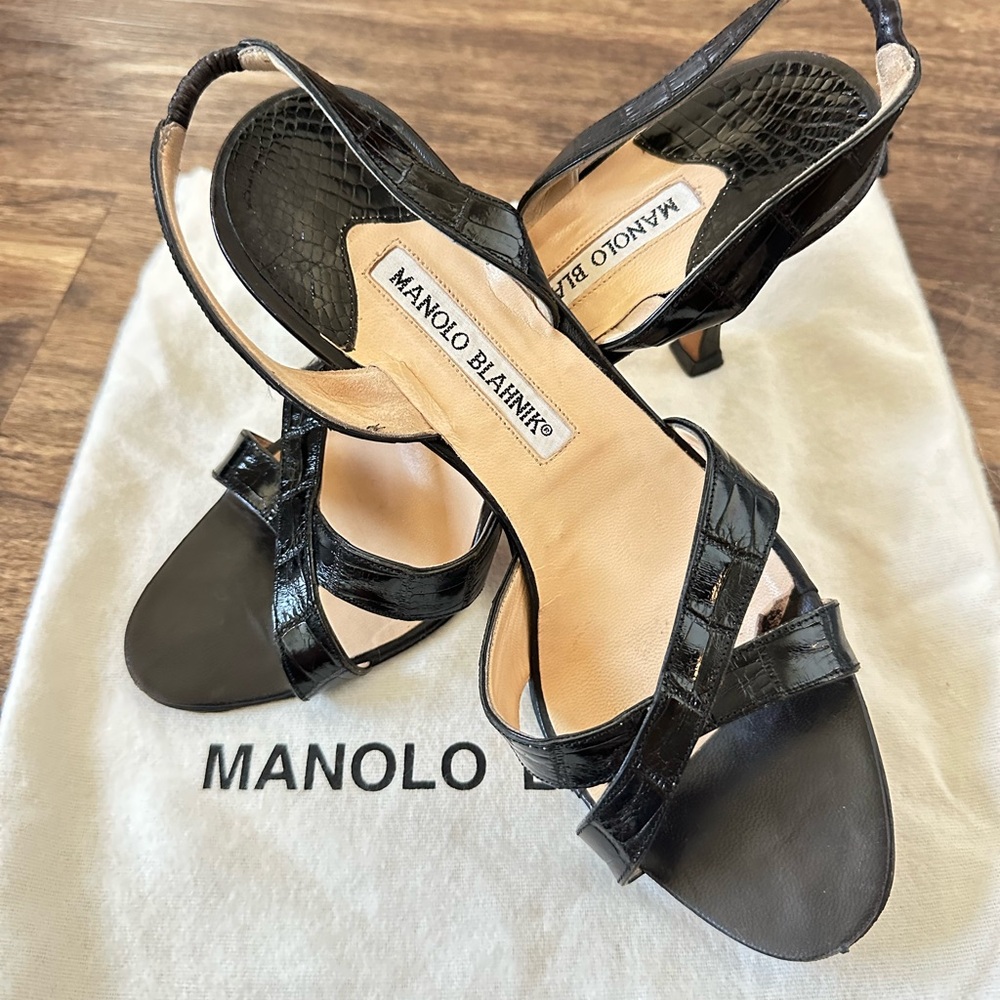 Manolo Blahnik CALLASLI Black Croc Strappy Slingback Sandals